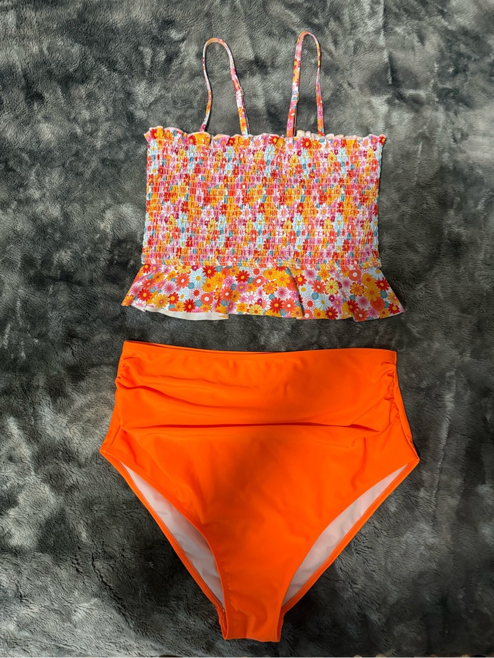 XL Floral Smocked Peplum Tankini Set Orange High-Waist Bottoms